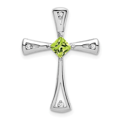 14K White Gold Peridot and Real Diamond Cross Pendant