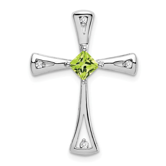 14K White Gold Peridot and Real Diamond Cross Pendant