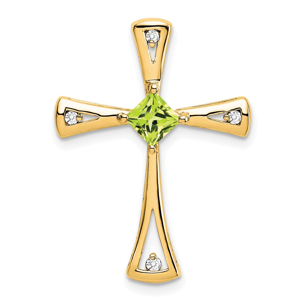 10K Yellow Gold Peridot and Real Diamond Cross Pendant