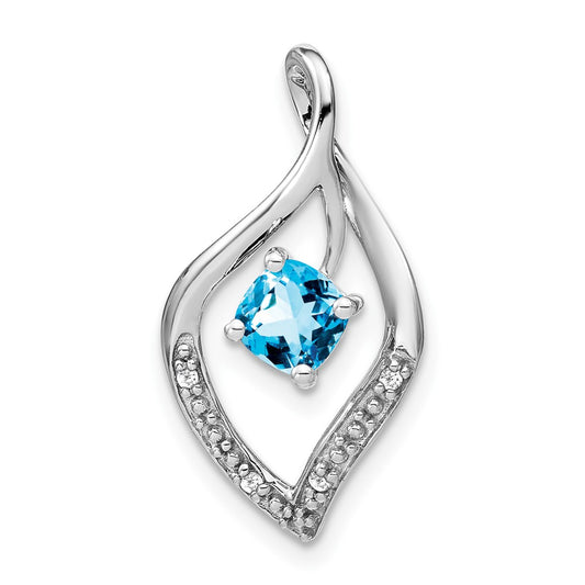 14k White Gold Blue Topaz and Real Diamond Pendant