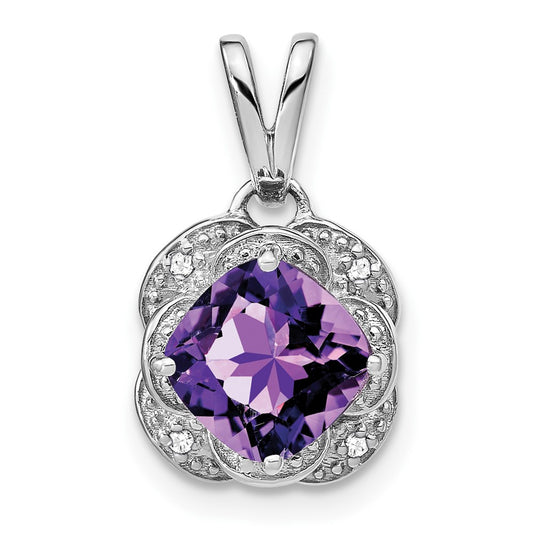 14k White Gold Cushion Amethyst and Real Diamond Pendant