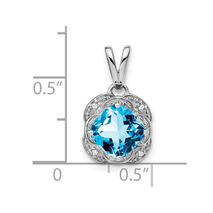 14k White Gold Cushion Blue Topaz and Real Diamond Pendant