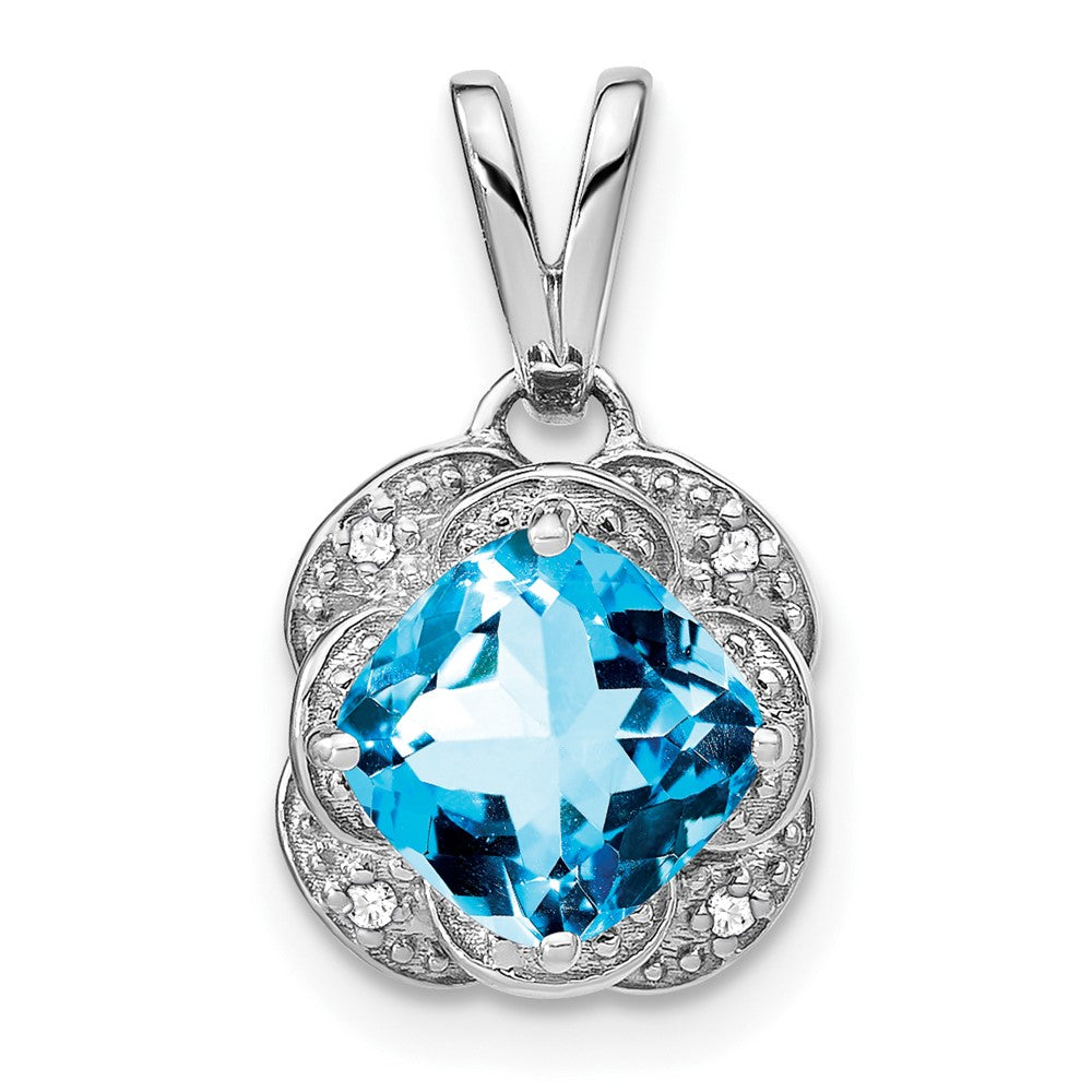 14k White Gold Cushion Blue Topaz and Real Diamond Pendant