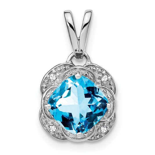 14k White Gold Cushion Blue Topaz and Real Diamond Pendant