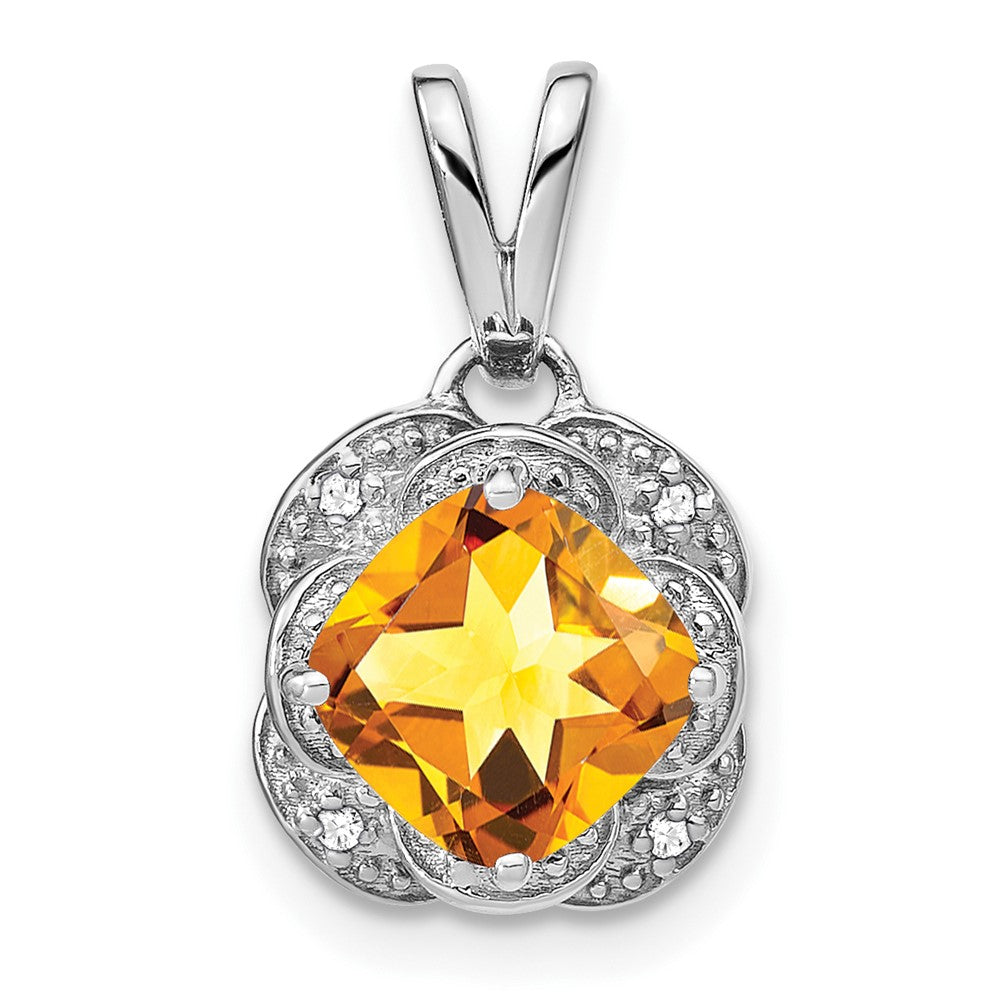 14k White Gold Cushion Citrine and Real Diamond Pendant