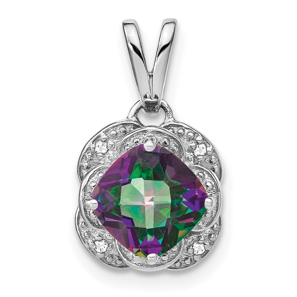 14k White Gold Cushion Mystic Fire Topaz and Real Diamond Pendant