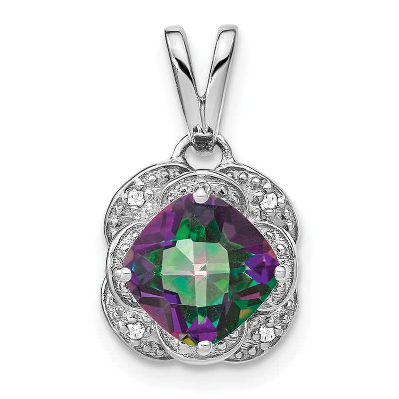 14k White Gold Cushion Mystic Fire Topaz and Real Diamond Pendant