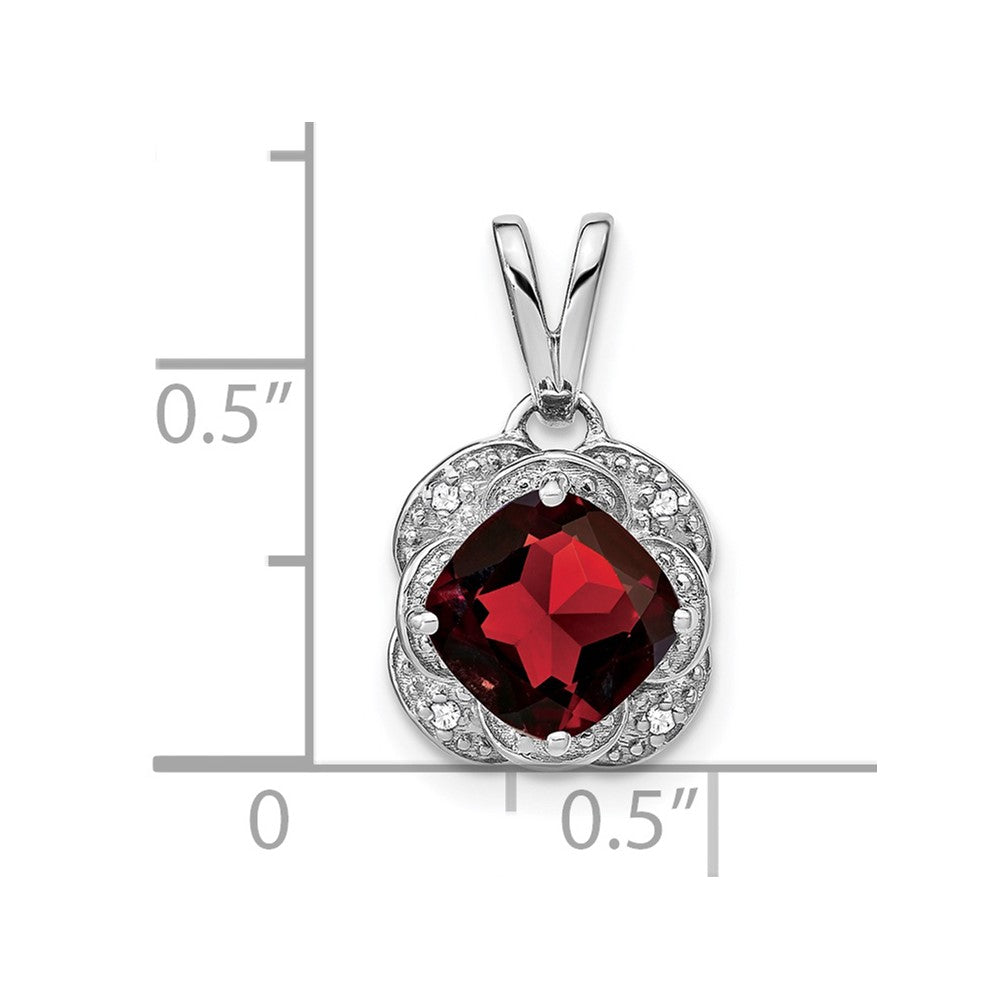 14k White Gold Cushion Garnet and Real Diamond Pendant