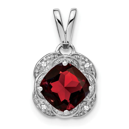 14k White Gold Cushion Garnet and Real Diamond Pendant