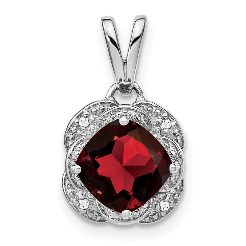 14k White Gold Cushion Garnet and Real Diamond Pendant