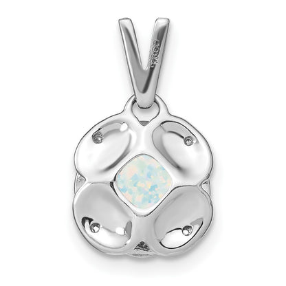 14k White Gold Cushion Created Opal and Real Diamond Pendant