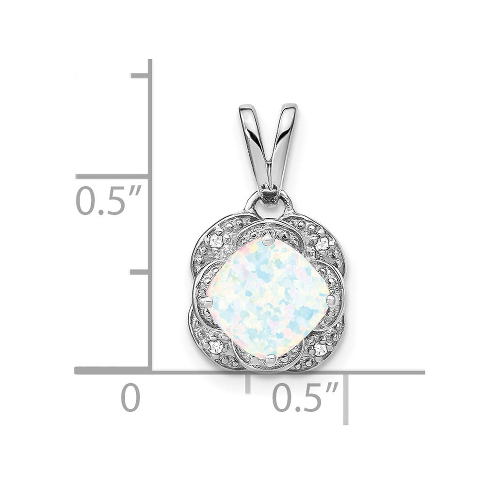 14k White Gold Cushion Created Opal and Real Diamond Pendant