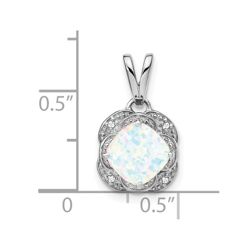 14k White Gold Cushion Created Opal and Real Diamond Pendant