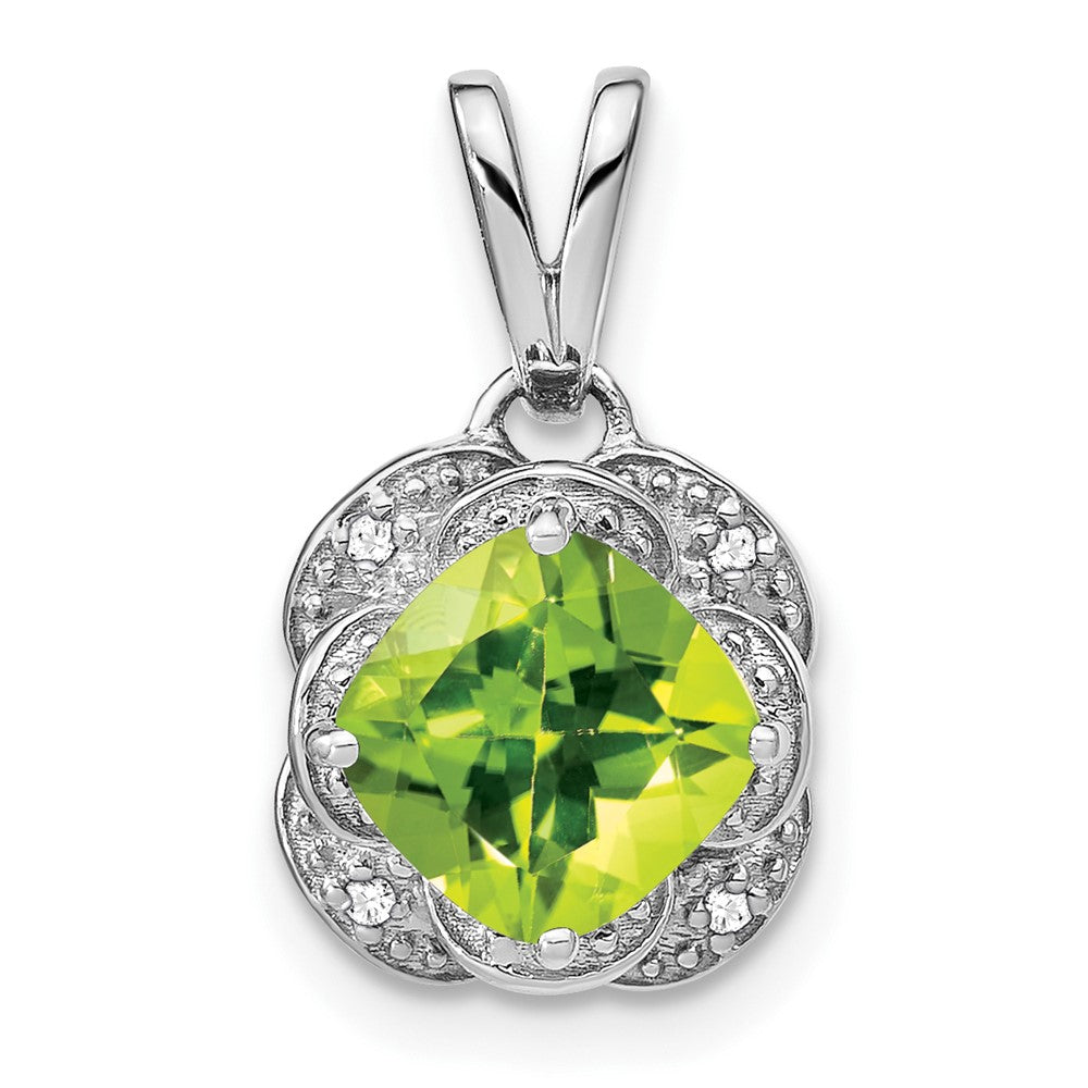 14k White Gold Cushion Peridot and Real Diamond Pendant