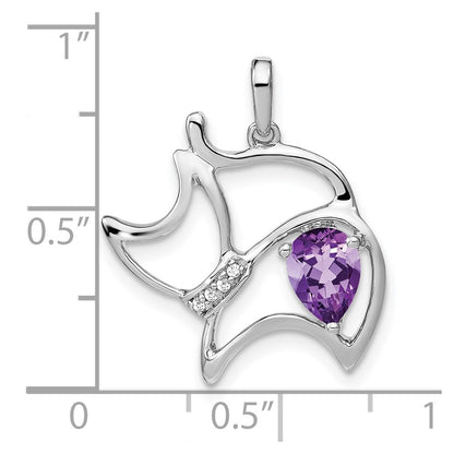 14k White Gold Amethyst and Real Diamond Cat Pendant