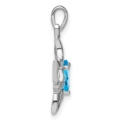14k White Gold Blue Topaz and Real Diamond Cat Pendant