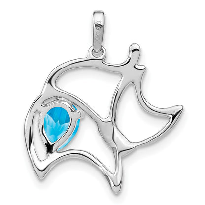 14k White Gold Blue Topaz and Real Diamond Cat Pendant