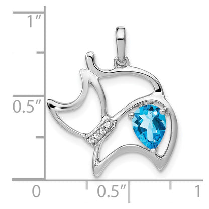 14k White Gold Blue Topaz and Real Diamond Cat Pendant