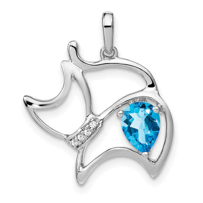 14k White Gold Blue Topaz and Real Diamond Cat Pendant