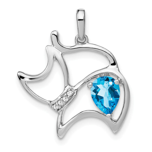 14k White Gold Blue Topaz and Real Diamond Cat Pendant