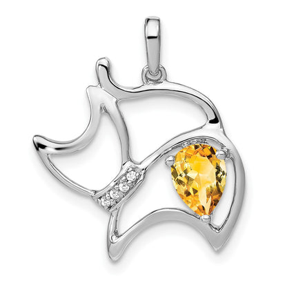 14k White Gold Citrine and Real Diamond Cat Pendant