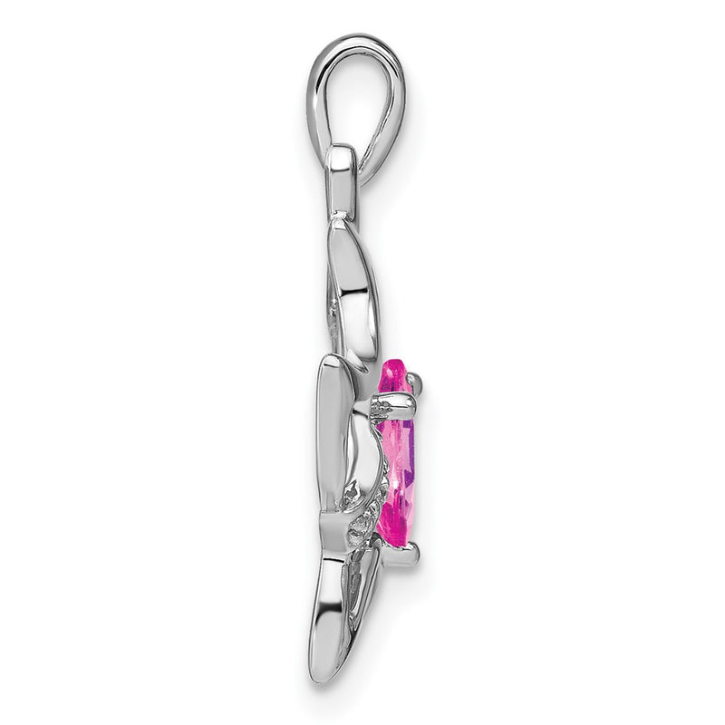 14k White Gold Created Pink Sapphire and Real Diamond Cat Pendant