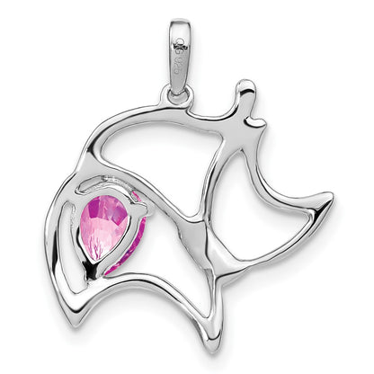 14k White Gold Created Pink Sapphire and Real Diamond Cat Pendant