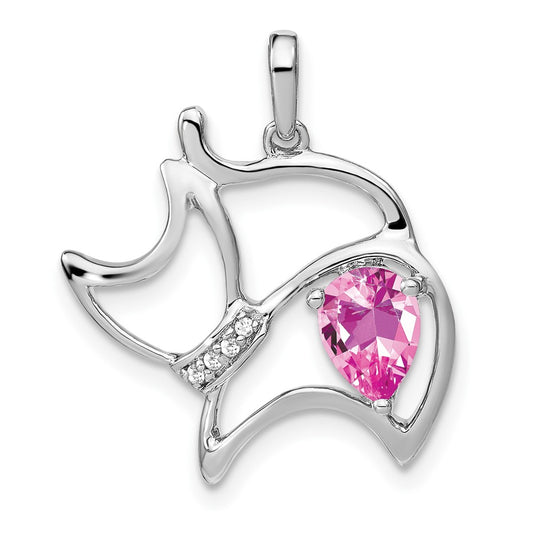 14k White Gold Created Pink Sapphire and Real Diamond Cat Pendant