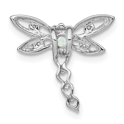 14k White Gold Created Opal and Real Diamond Dragonfly Chain Slide