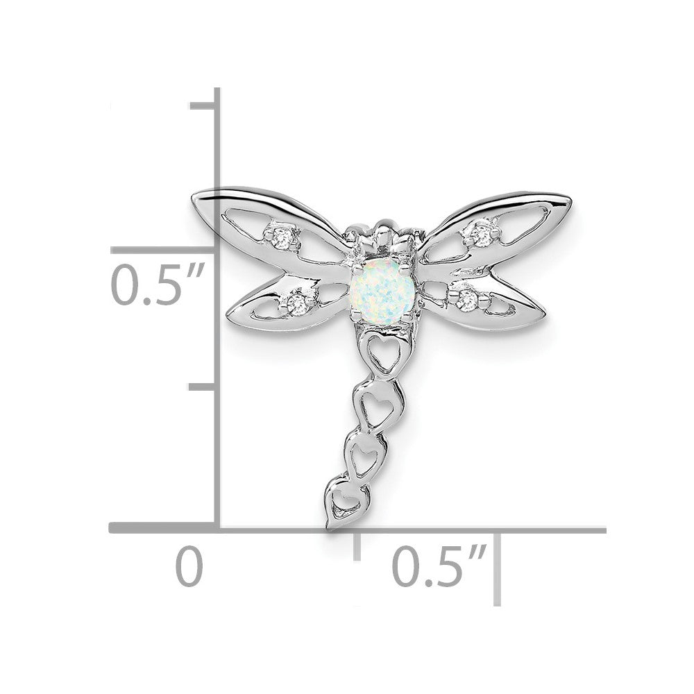 14k White Gold Created Opal and Real Diamond Dragonfly Chain Slide