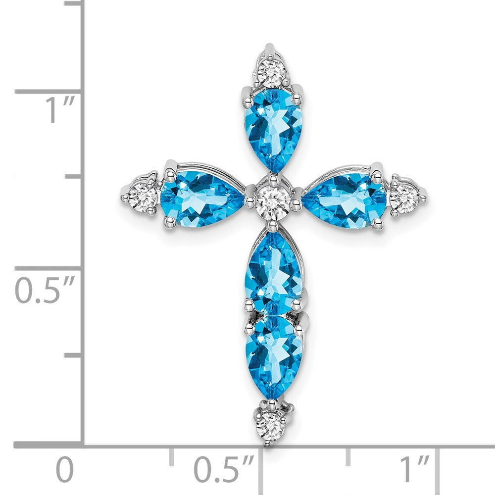 14k White Gold Blue Topaz and Real Diamond Cross Chain Slide