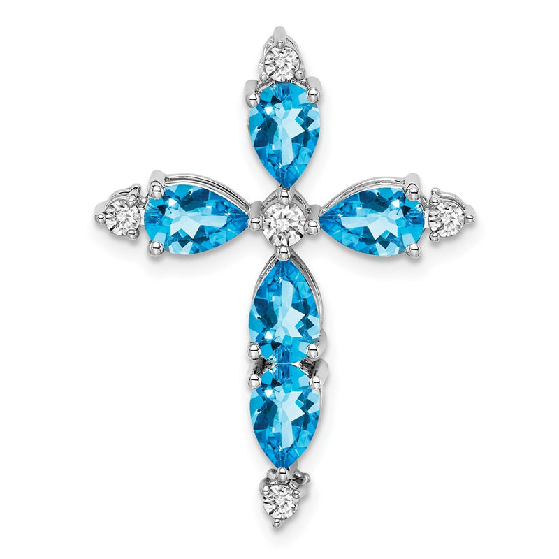 14k White Gold Blue Topaz and Real Diamond Cross Chain Slide