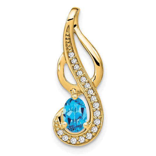 14K Yellow Gold Blue Topaz and Real Diamond Swirl Pendant
