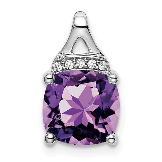 14k White Gold Cushion Amethyst and Real Diamond Pendant
