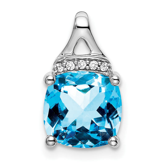 14k White Gold Cushion Blue Topaz and Real Diamond Pendant