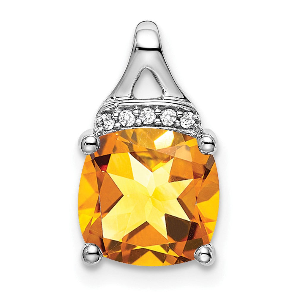 14k White Gold Cushion Citrine and Real Diamond Pendant