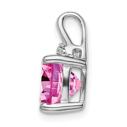 14k White Gold Cushion Created Pink Sapphire/Real Diamond Pendant