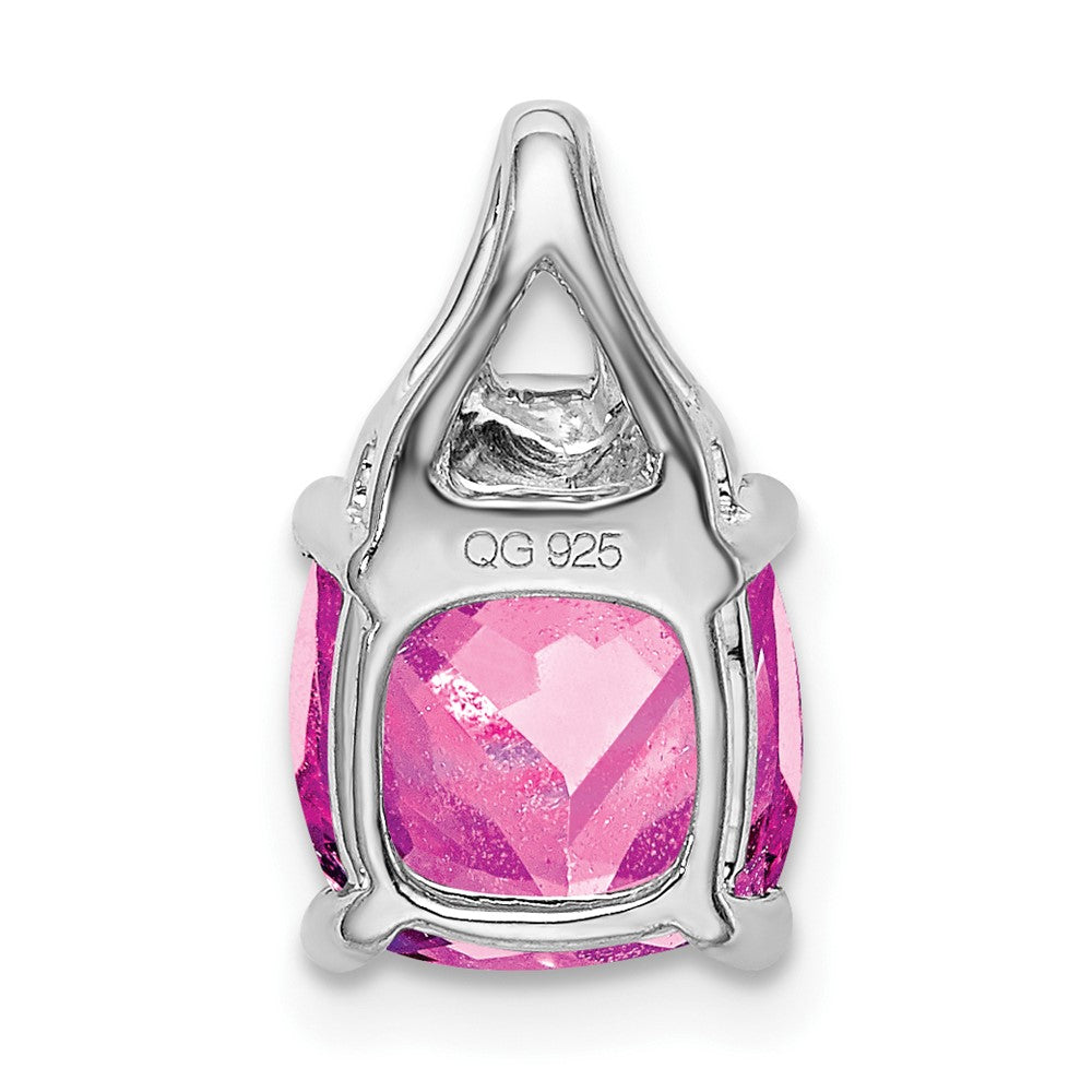 14k White Gold Cushion Created Pink Sapphire/Real Diamond Pendant