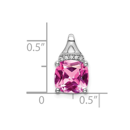 14k White Gold Cushion Created Pink Sapphire/Real Diamond Pendant