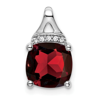 14k White Gold Cushion Garnet and Real Diamond Pendant