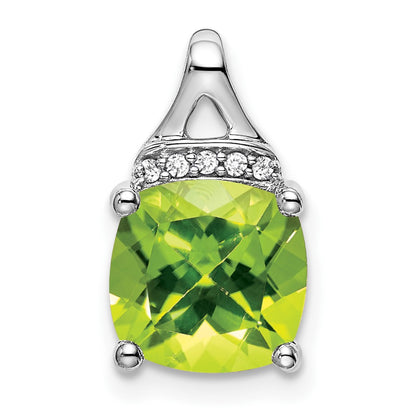 14k White Gold Cushion Peridot and Real Diamond Pendant