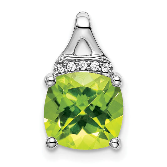 14k White Gold Cushion Peridot and Real Diamond Pendant