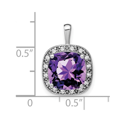 14k White Gold Cushion Amethyst and Real Diamond Pendant