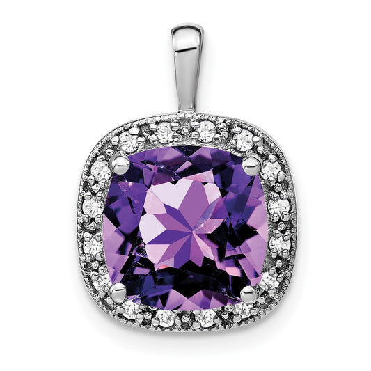 14k White Gold Cushion Amethyst and Real Diamond Pendant