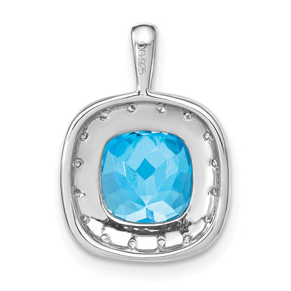 14k White Gold Cushion Blue Topaz and Real Diamond Pendant