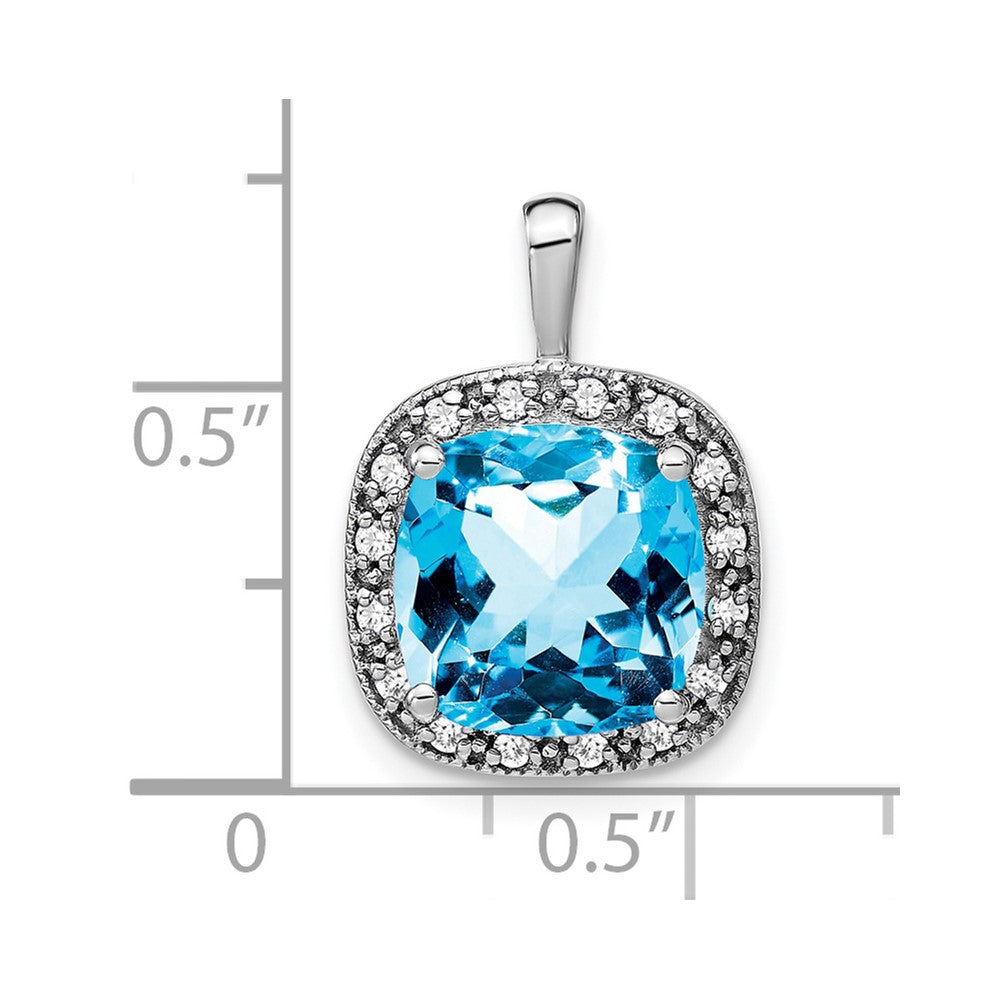 14k White Gold Cushion Blue Topaz and Real Diamond Pendant
