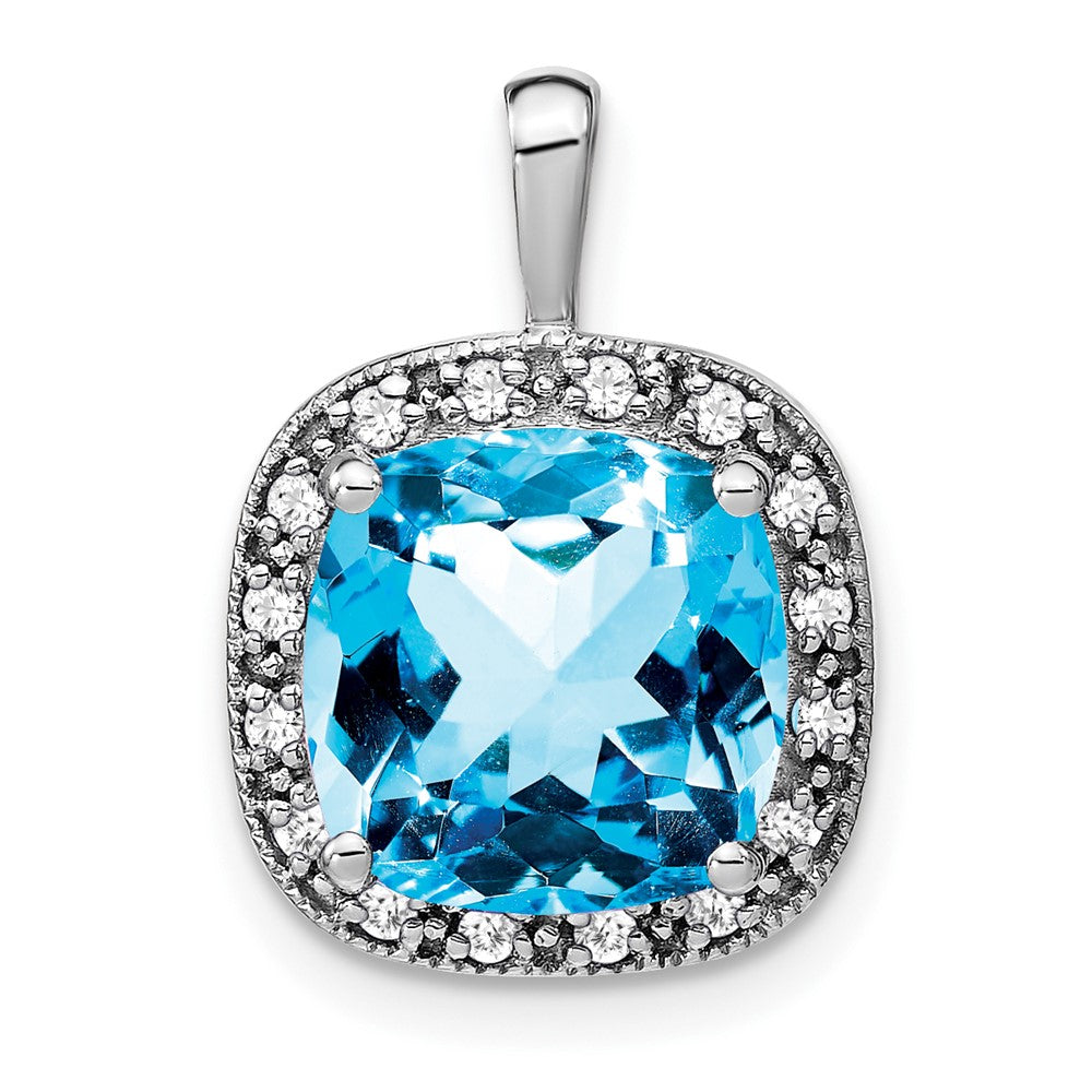 14k White Gold Cushion Blue Topaz and Real Diamond Pendant