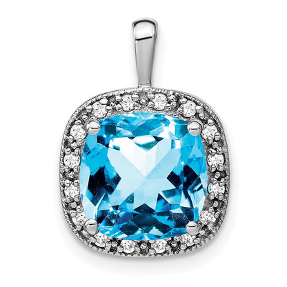 14k White Gold Cushion Blue Topaz and Real Diamond Pendant