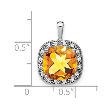 14k White Gold Cushion Citrine and Real Diamond Pendant
