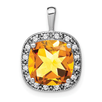 14k White Gold Cushion Citrine and Real Diamond Pendant